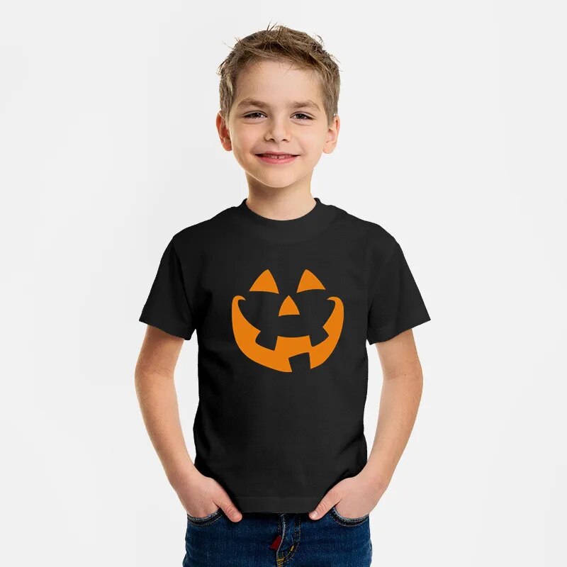 2021 Halloween Pumpkin Monster Print Children Girl Boy T-shirt Black Round Neck T Shirt Kids 2 to 10 Year Old Tees