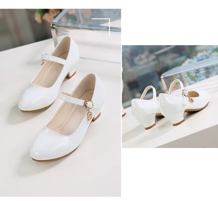 Children Girls Leather Shoes White Princess High Heel Shoes For Kids Girls Performance Dress Student Show Dance Sandals 26-41