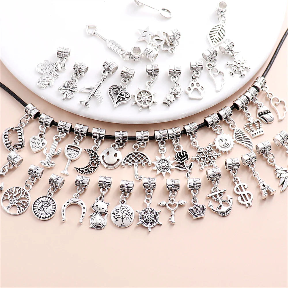 50PCS European Vintage Silver Designer Charm For Women's Personalize Style Necklace Bracelet DIY Jewelry Making Supplies Pendant