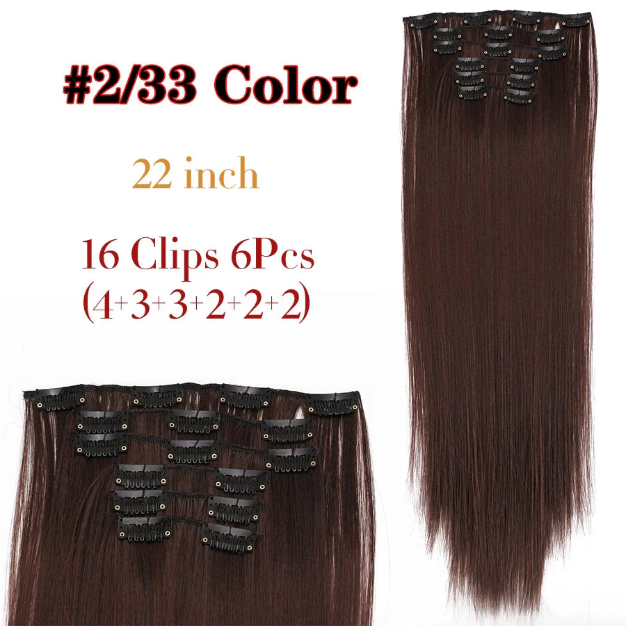 Leeons 16Clips Long Straight Synthetic Clip On Hair Extensions Cheveux Clip Naturel High Temperature Fiber Black Brown Hairpiece
