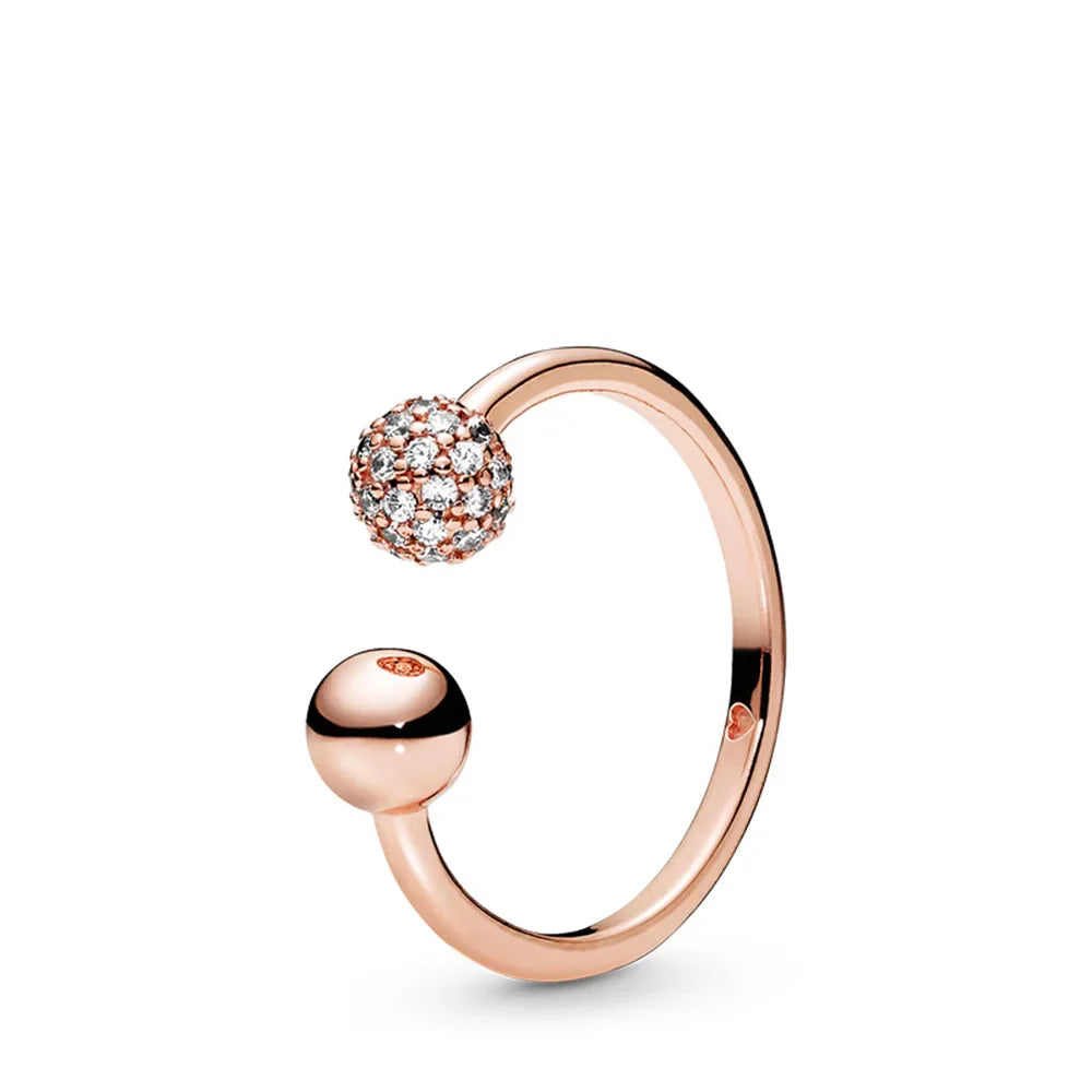 925 Sterling Silver Ring Charms Rose Gold Stripe Design Round Ball Diy Crystal Flower Finger Ring for women pandora Jewelry