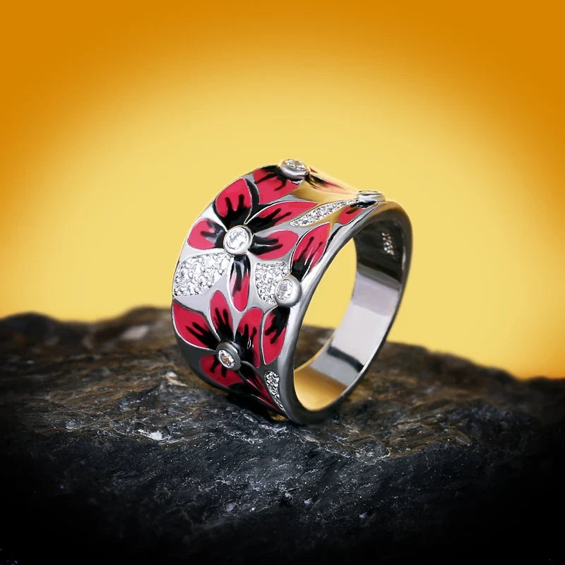 Fashionable and Exquisite Red Flower Women's for Ring New Handmade Enamel Women's Jewelry Wedding Bridal Ring Party Jewelry