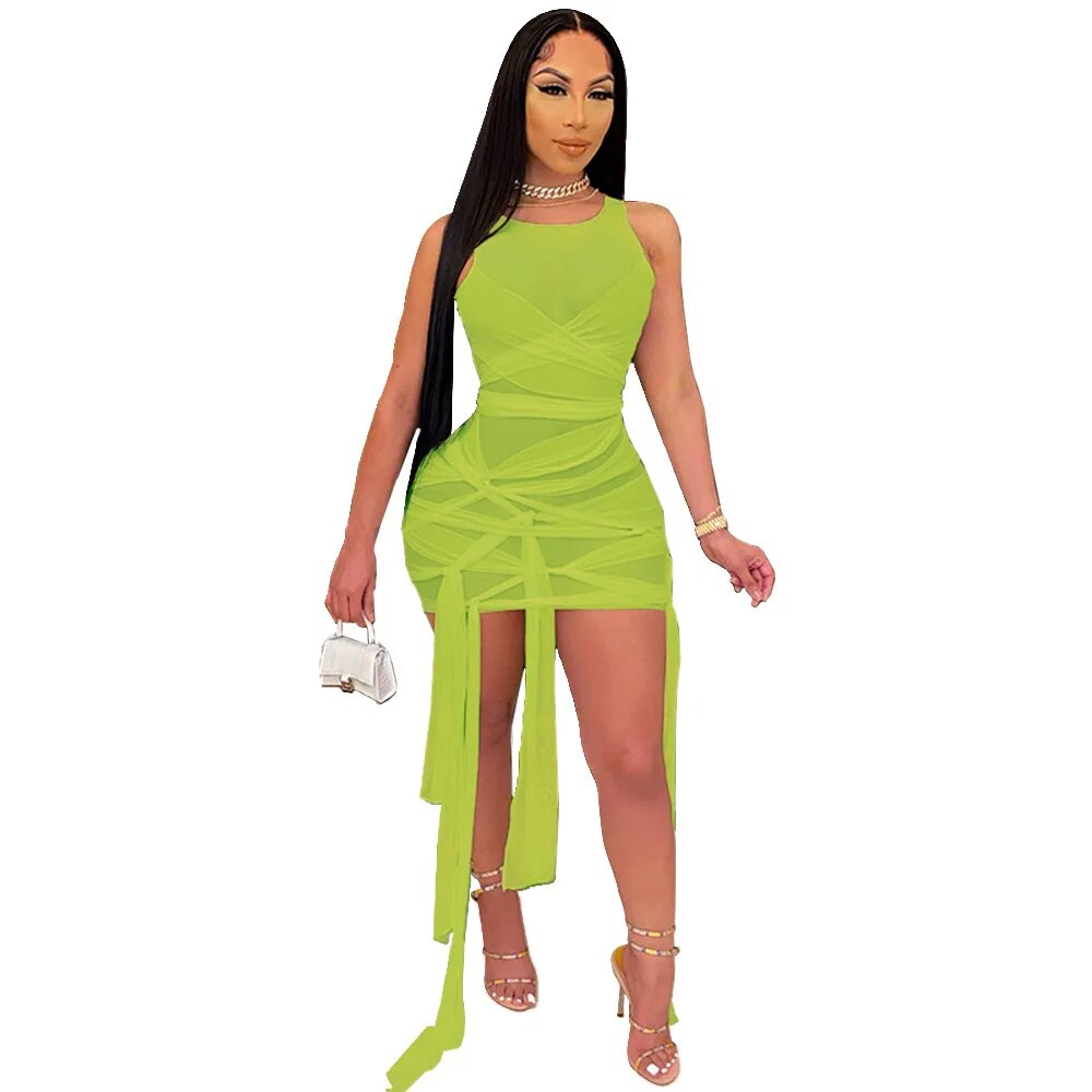 CM.YAYA Women's Mesh See Though Drawstring Lace Up Sleeveless Mini Dress