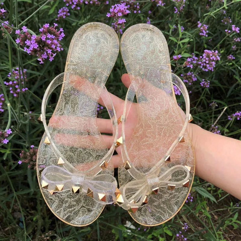 Slippers Hot Sale Fashion Women Flip Flops Summer Shoe Cool Beach Rivet Big Bow Flat Sandals Jelly Shoes Sandal Girls Size 36-42