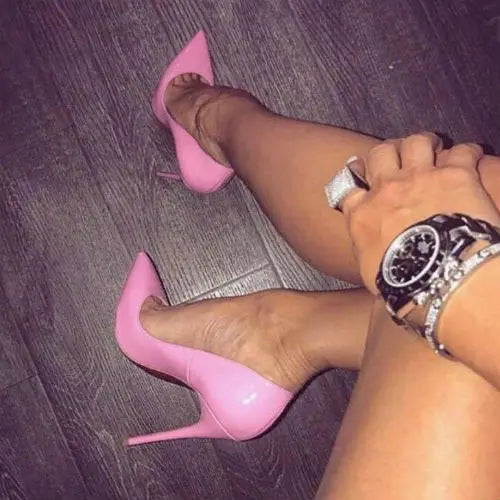 UVRCOS 12CM Thin Heels Women Pumps Red Grey Pink Nude Patent Leather Dress Shoes Pointed Toe Stiletto Heels