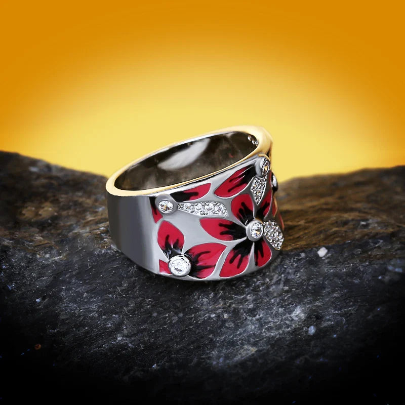 Fashionable and Exquisite Red Flower Women's for Ring New Handmade Enamel Women's Jewelry Wedding Bridal Ring Party Jewelry