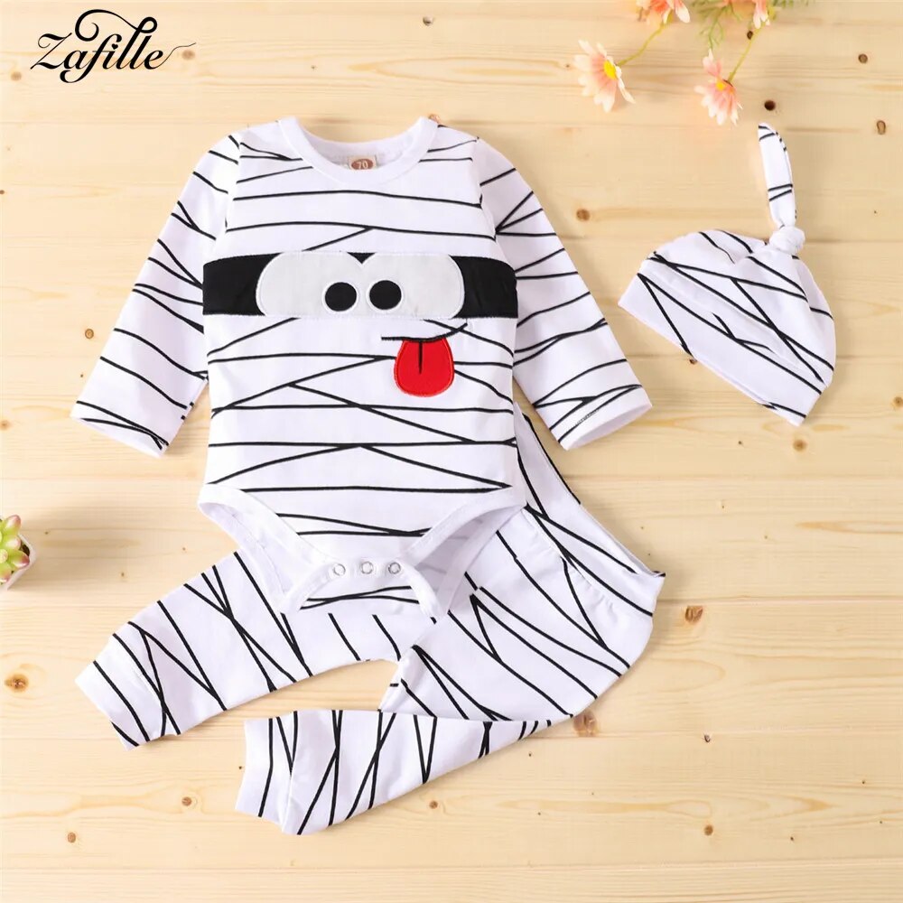 ZAFILLE Kids Toddler Hallloween Costume Striped Outfits Cute Mummy Boys Rompers Halloween Clothes For Baby Chidlren Clothing Set