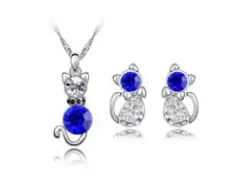 Crystal cute cat catty pendant necklace earrings quality charm lover gift fashion jewelry set birthday summer party dropshipping