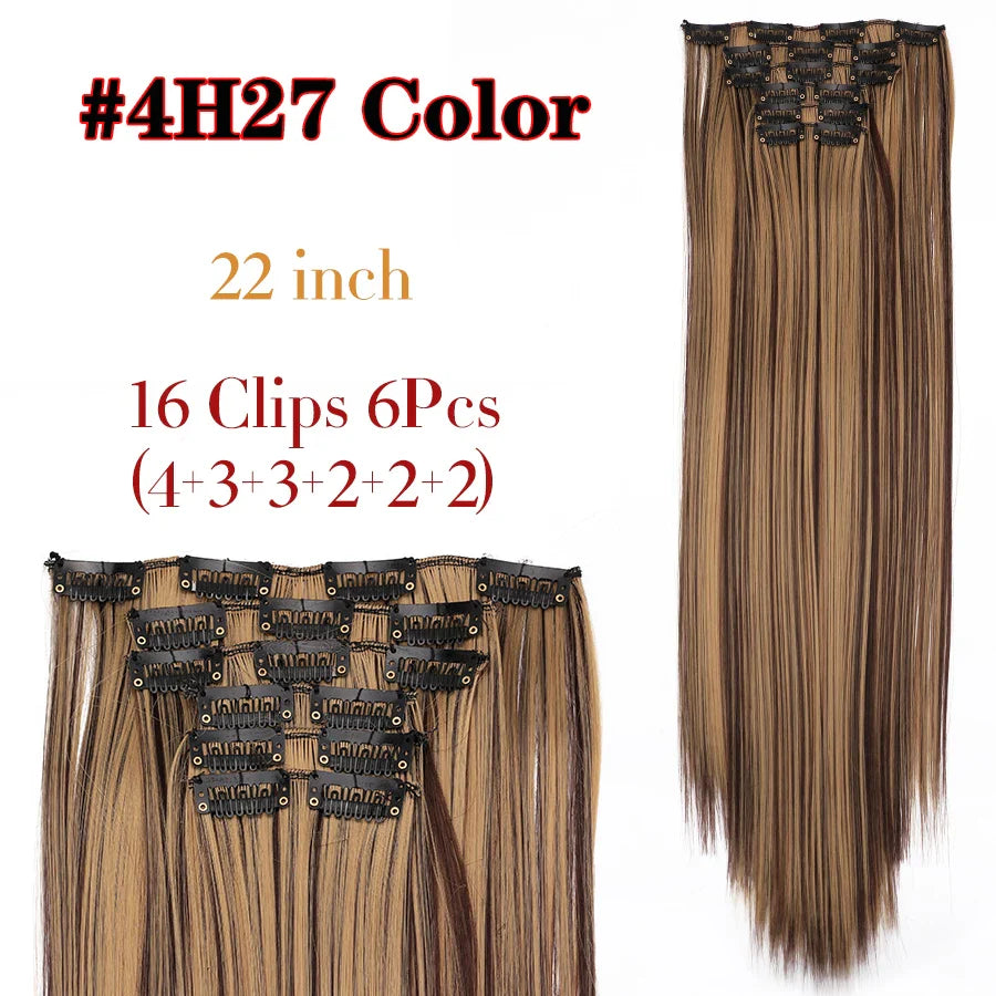Leeons 16Clips Long Straight Synthetic Clip On Hair Extensions Cheveux Clip Naturel High Temperature Fiber Black Brown Hairpiece