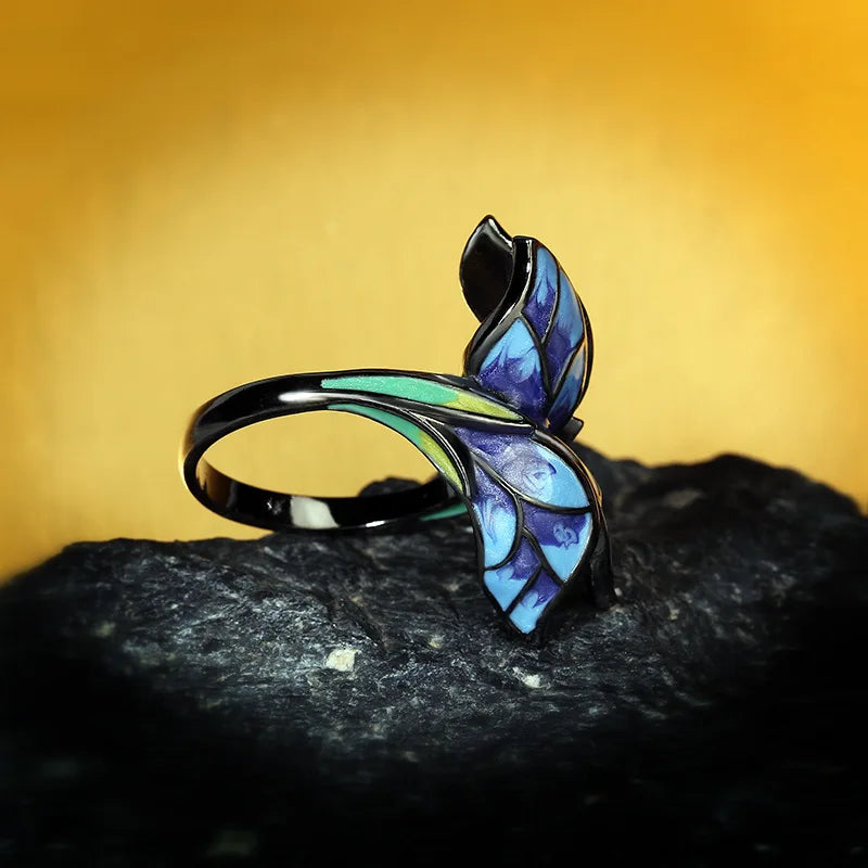 Women's Jewelry Unique Shape Blue Butterfly Enamel Ring Elegant Party Jewelry Handmade Enamel Butterfly Ring