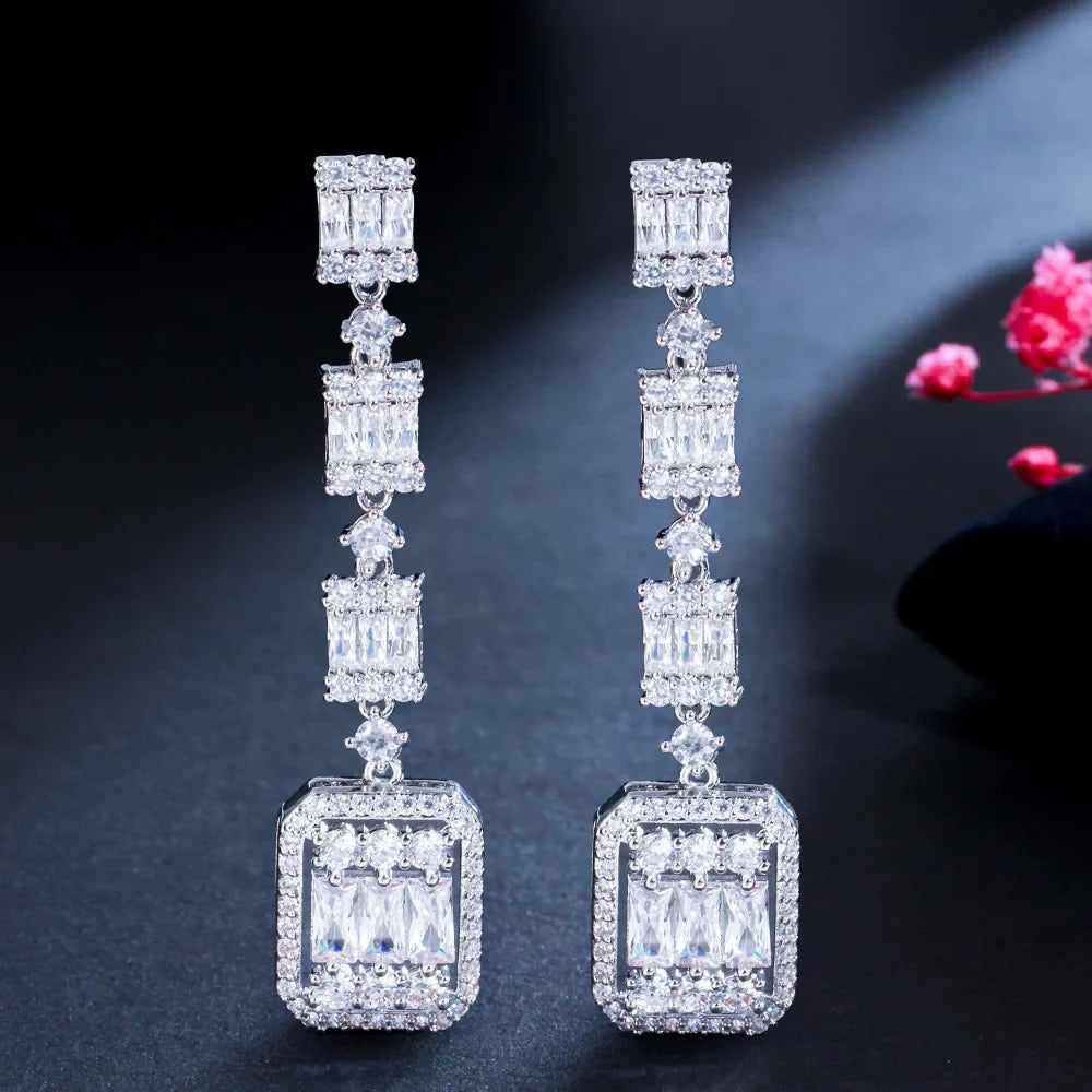 CWWZircons Gorgeous White Baguette CZ Long Dangle Party Earrings for Women Chic Cubic Zirconia Engagement Bridal Jewelry CZ065