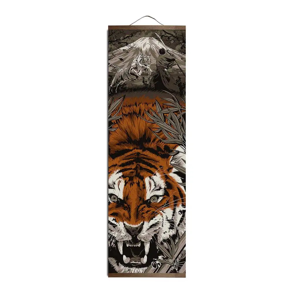 Japanese Samurai Ukiyoe Tiger Canvas Poster Pictures for Living Room Home Decor Painting Wall Art with Solid Wood Hanging Scroll