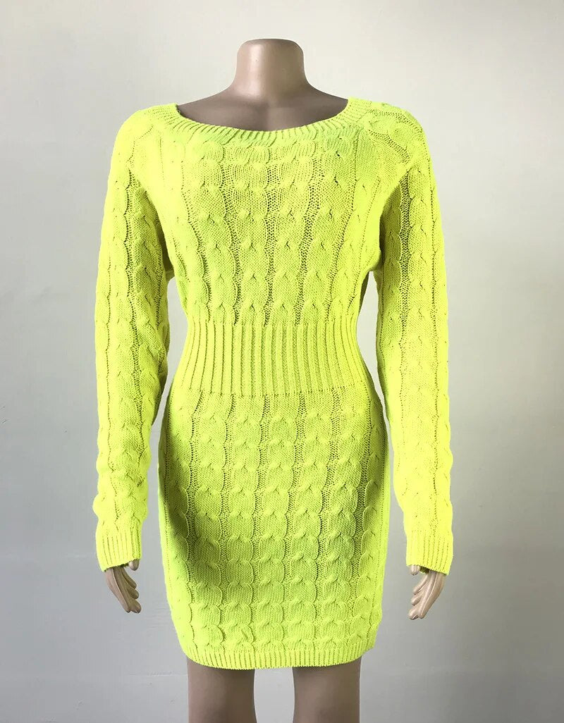 Casual Slash Neck Mini Twisted Sweater Women Vintage Autumn Winter Long Sleeve Knitted Dress Female Bodycon Outwear Dresses