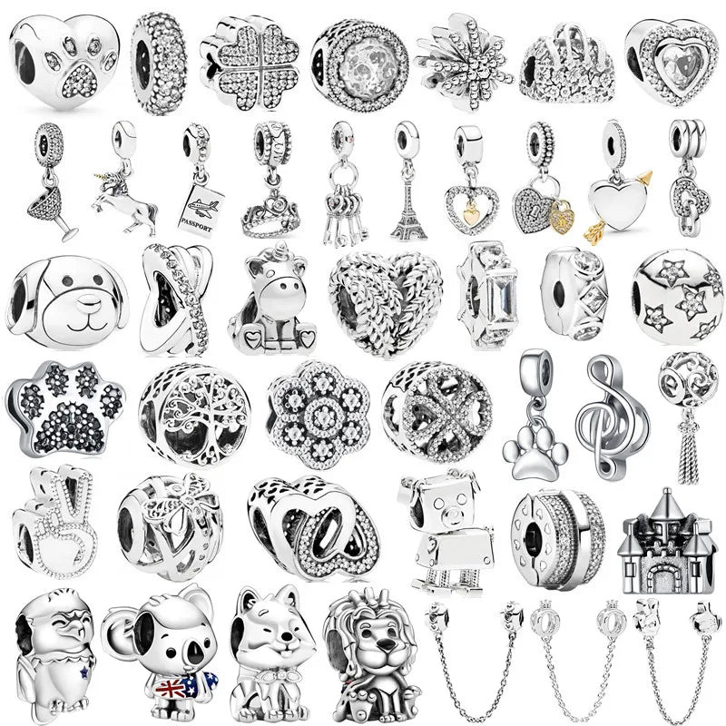 New Animal Footprint Musical Note Safety Chain Crown Boy Pendant Fits Pandora Charm Bracelet DIY Women's Original Beading Gifts