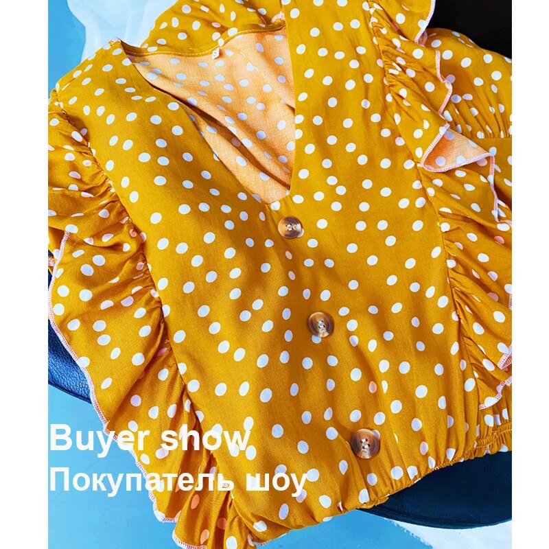 Julypalette Yellow V-neck Ruffles Women's Dress Bohemian Summer Sleeveless Dot Printed Beach Sundress Lace up Female vestidos