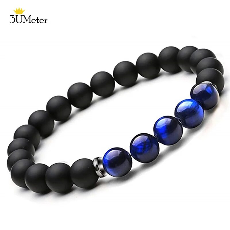 2PCS Natural Striped Agates Matte Black Onyx Beaded Bracelet for Women Men Natural Stone Hematite Bracelet Jewelry Pulseras