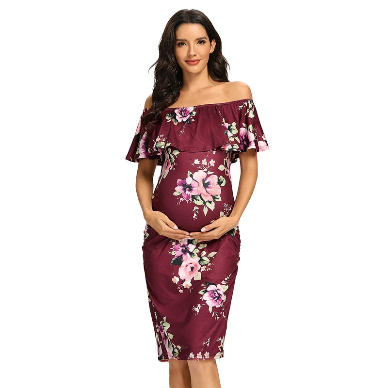 Liu&Qu Women's Maternity Dress Off Shoulder Ruffle Sleeveless Bodycon Dress Elegant Ruched Sides Bodycon Dresses for Baby Shower