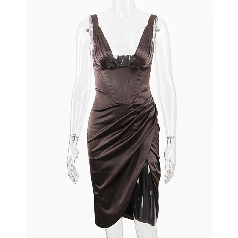 Satin Deep V-Neck High Split Midi Sleeveless Club Dress