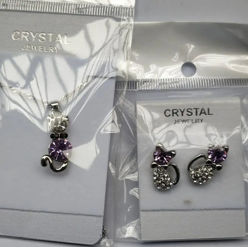 Crystal cute cat catty pendant necklace earrings quality charm lover gift fashion jewelry set birthday summer party dropshipping