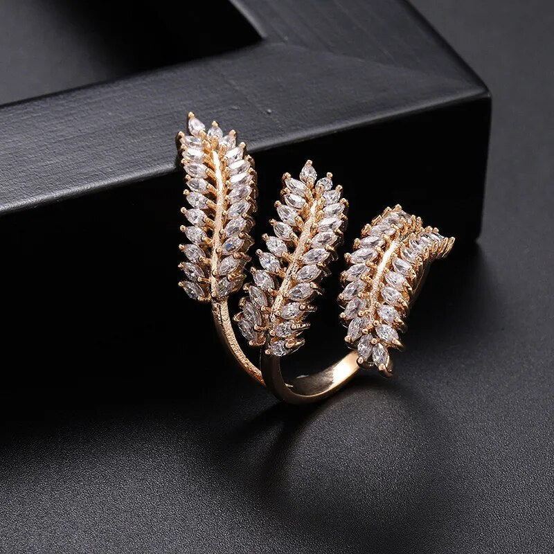New Fashion Beautiful Women Ladies Ring Girls Zircon Leaf Open Adjustable Flower Fashion Jewelry Rings Gift