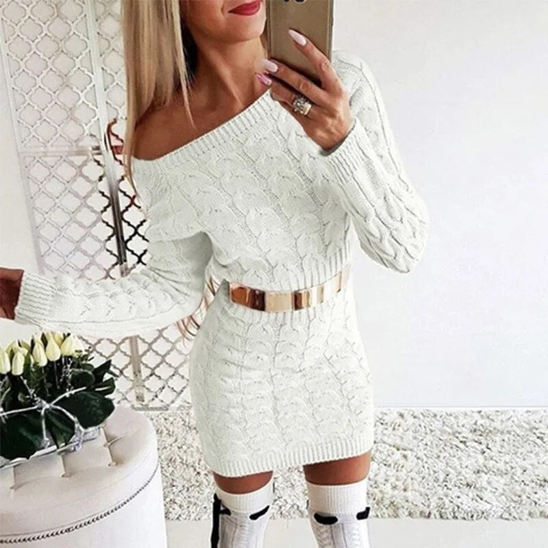 Casual Slash Neck Mini Twisted Sweater Women Vintage Autumn Winter Long Sleeve Knitted Dress Female Bodycon Outwear Dresses