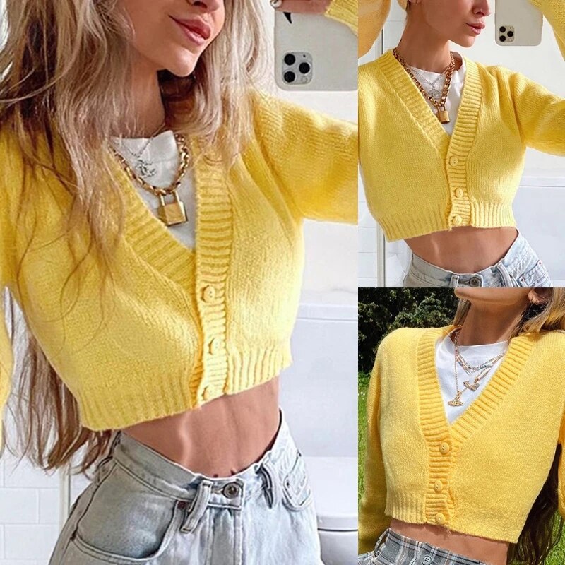 Yellow Sweat Cute Knitted Cropped Cardigan Women Autumn Warm Sweater Ladies Fashion Buttons Long Sleeve Top Knitwear