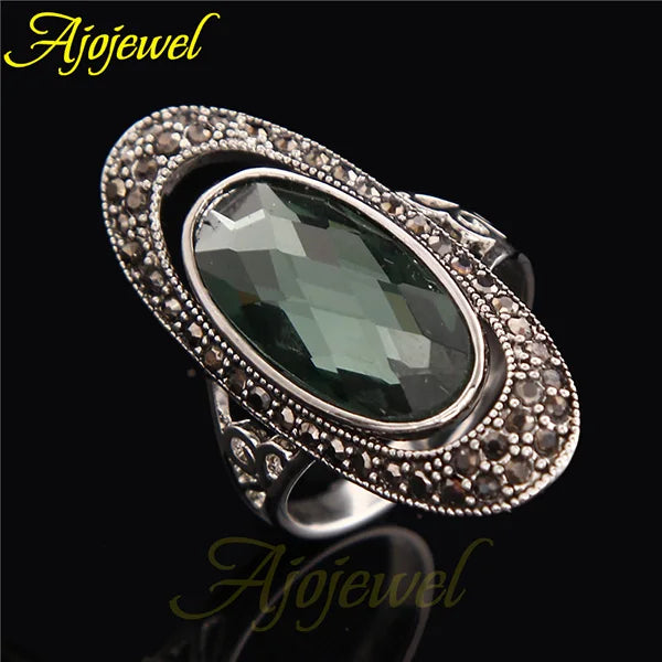 Ajojewel Women's Blue/Green Oval Crystal Ring Black CZ Vintage Finger Jewelry Wholesale Bague Femme Fashion Gift