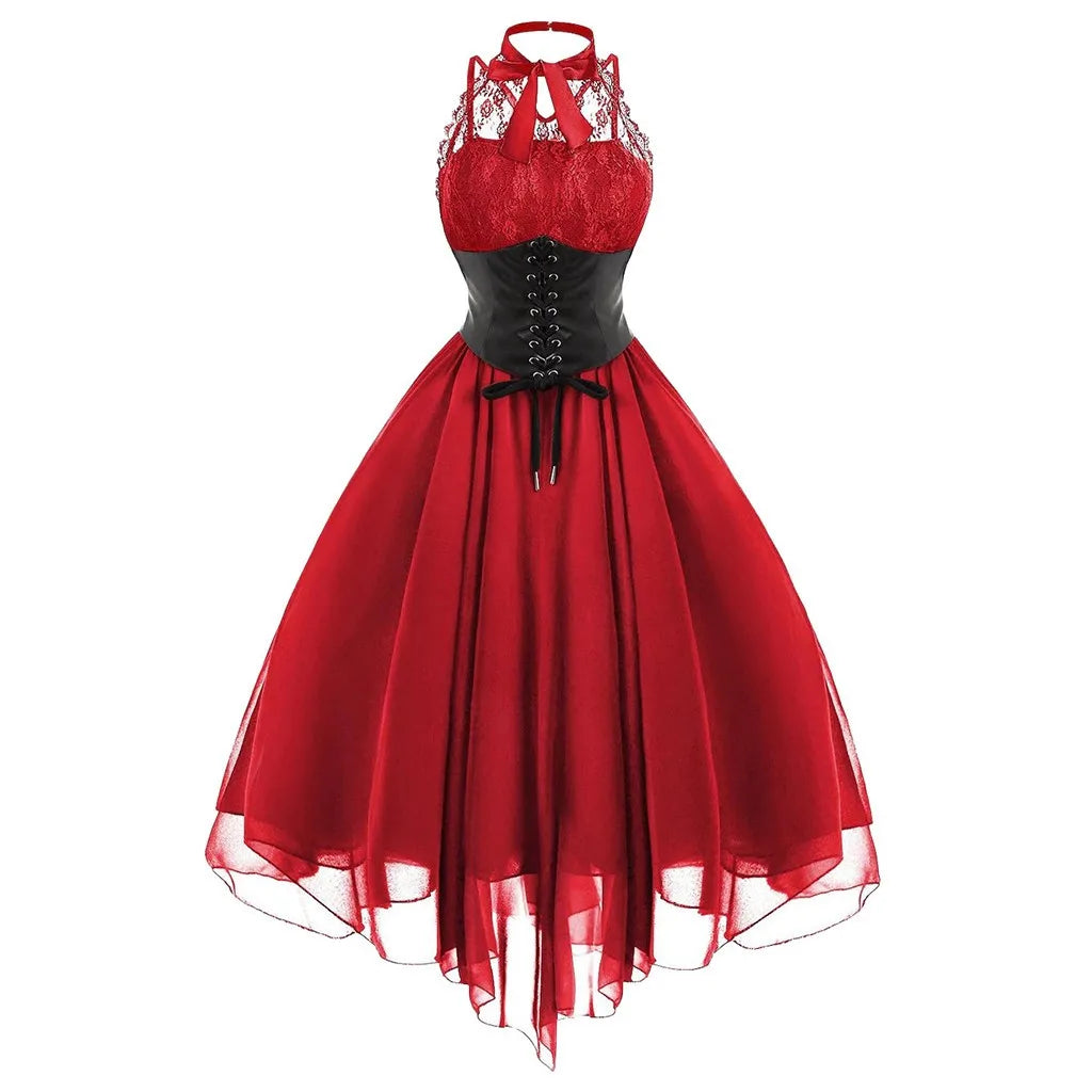 Women Dark Gothic Party Dresses Plus Size Lace Chiffon Patchwork Sleeveless Long Dress Women Elegant Halterneck Punk Dresses