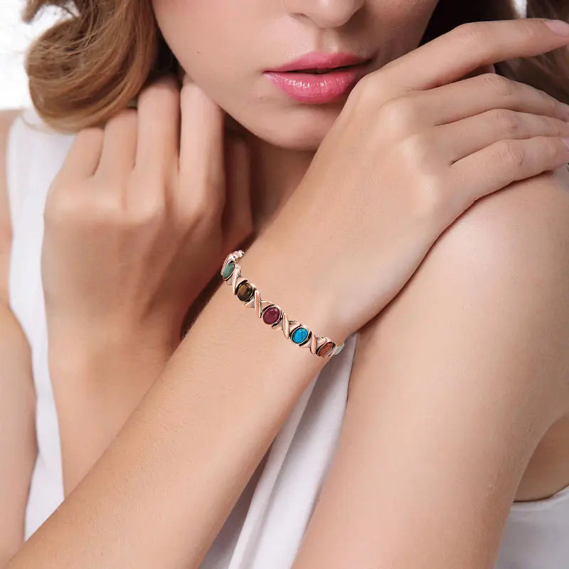 Escalus Women's Classic Health Copper Plating Bracelet for Women Colorful Stones Magnetic Fashion Ladies Bangle Bio Jewelry