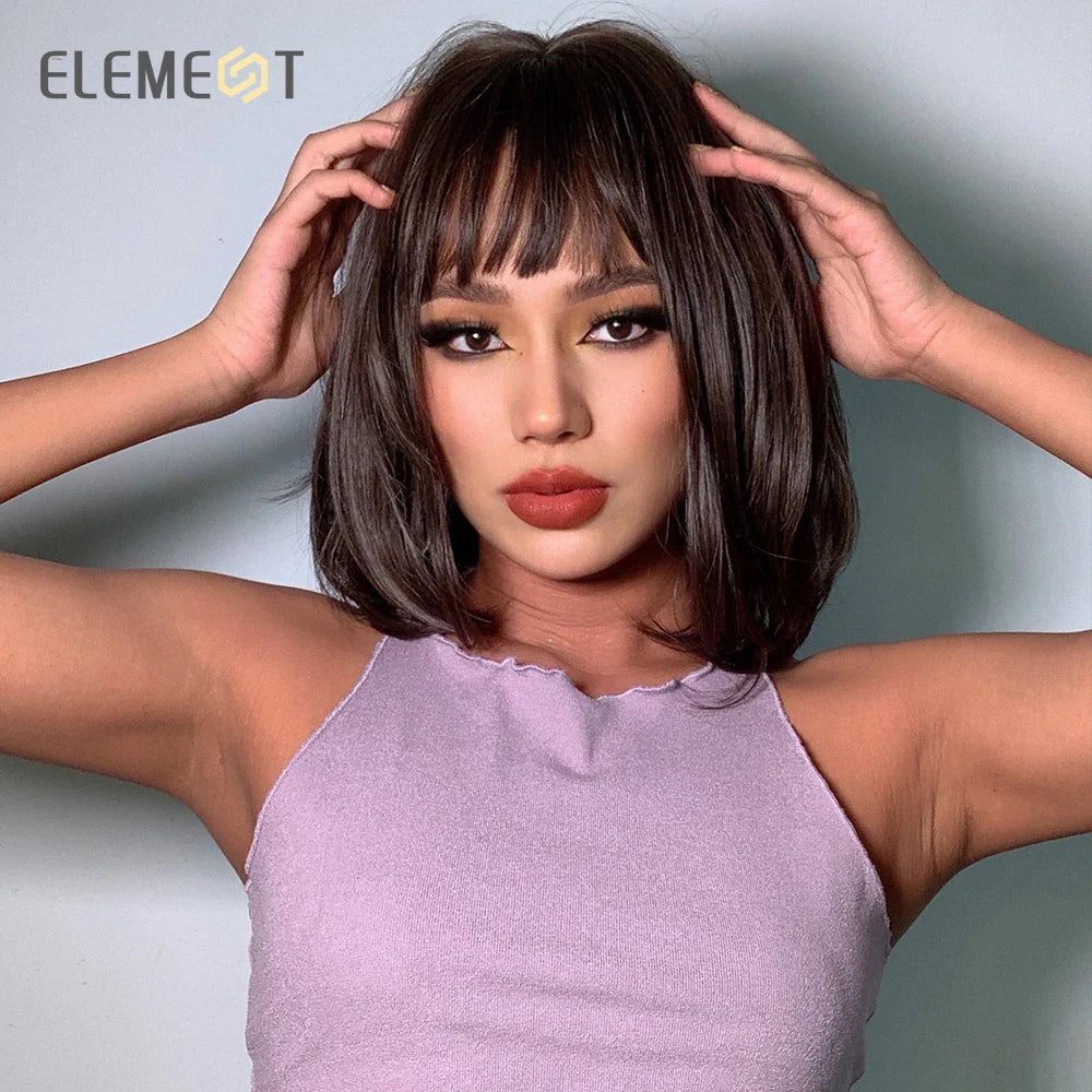 Element Medium Length Synthetic Straight Natural Brown Wigs with Side Bangs Heat Resistant Party Wigs for White/Black Women