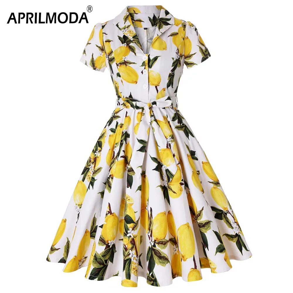 Autumn Cotton Vintage Tunic Midi Dress 50S Short Sleeve 4XL 70s Robe Swing Retro Floral Print White Rockabilly Office Vestidos