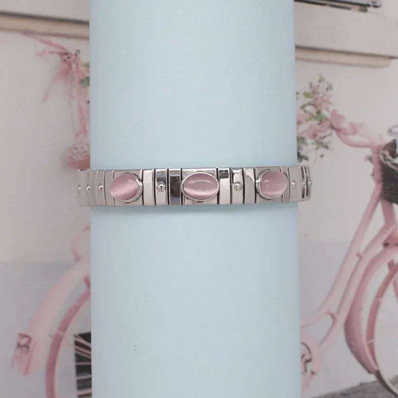 Hapiship New Women's Jewelry 9mm Width Stainless Steel Pink Opals Elastic Fashion Bracelet For Women Men Jewelry MY028