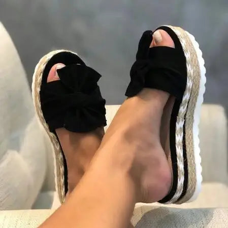 Slippers Women Slides Bow Summer Sandals Bow-Knot Slippers Thick Soles Flat Platform Female Floral Beach Shoes Flip Flop