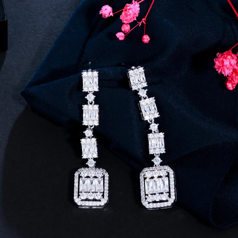 CWWZircons Gorgeous White Baguette CZ Long Dangle Party Earrings for Women Chic Cubic Zirconia Engagement Bridal Jewelry CZ065