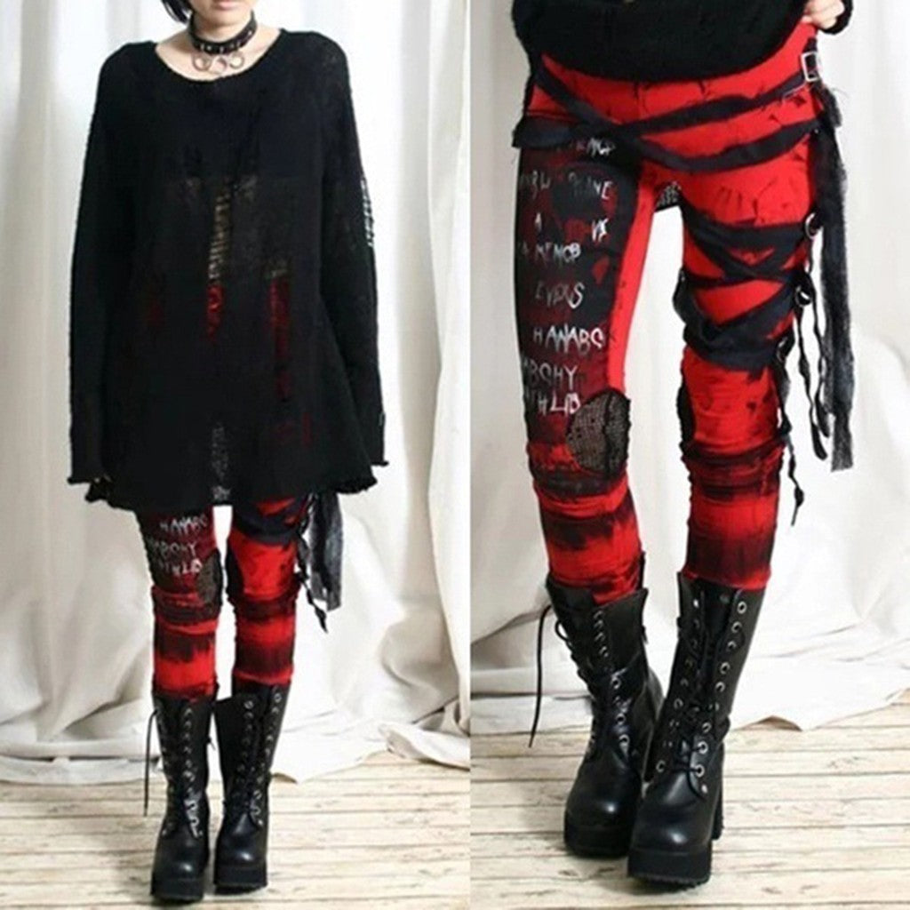 Gothic Punk Leggings Women Tight Elastic Pants Leggins Mujer Hip Hop Rocker High Waist Distressed Legging Pantalones De Mujer