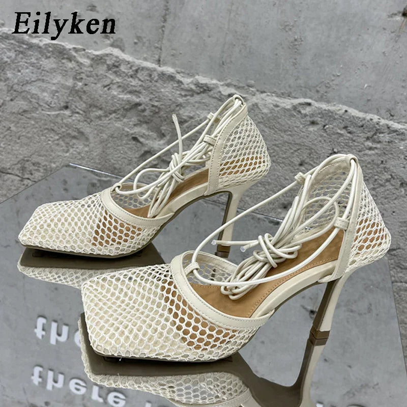 Eilyken 2023 New Sexy Mesh Pumps Sandals Female Square Toe High Heel Lace Up Cross-Tied Stiletto Hollow Shoes