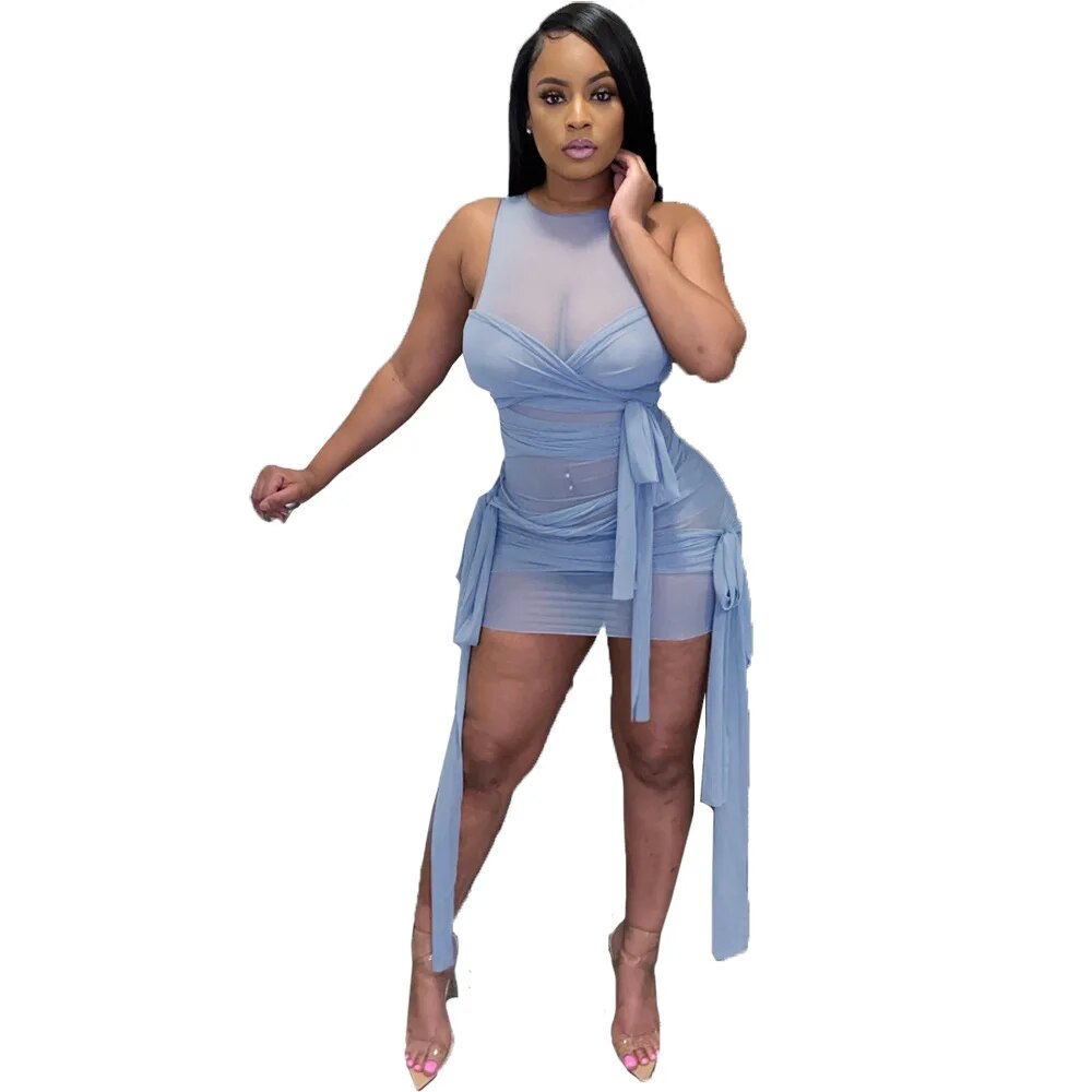 CM.YAYA Women's Mesh See Though Drawstring Lace Up Sleeveless Mini Dress