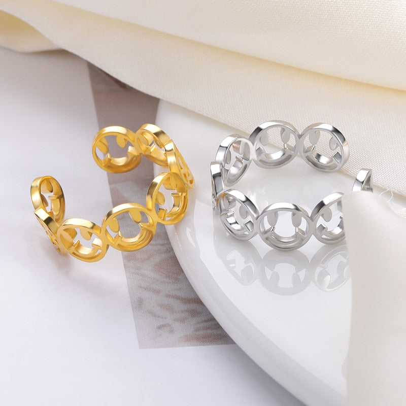 Couple Smiley Face Rings For Women Stainless Steel Happy Face Ring Gold Color Adjustable Open Smile Best Friend Gift Jewelry