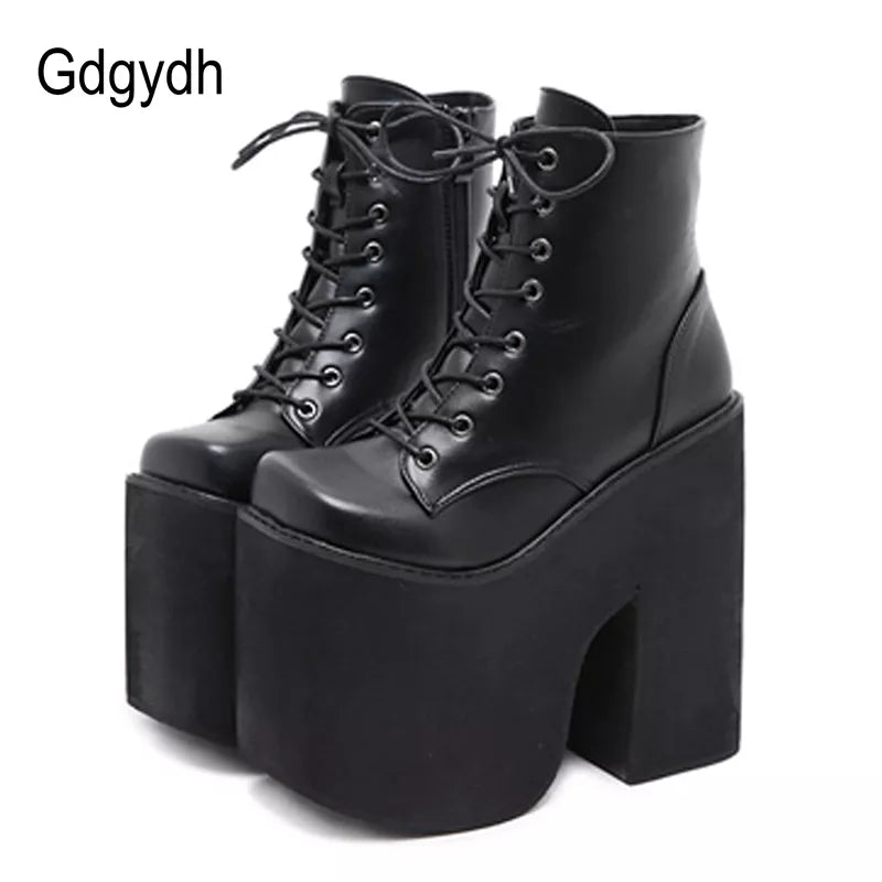 Gdgydh Height 17cm Chunky Heel Motorcycle Boots Women Platform Ankle Boots Punk Cosplay Thick Sole Goth Shoes Big Size 43