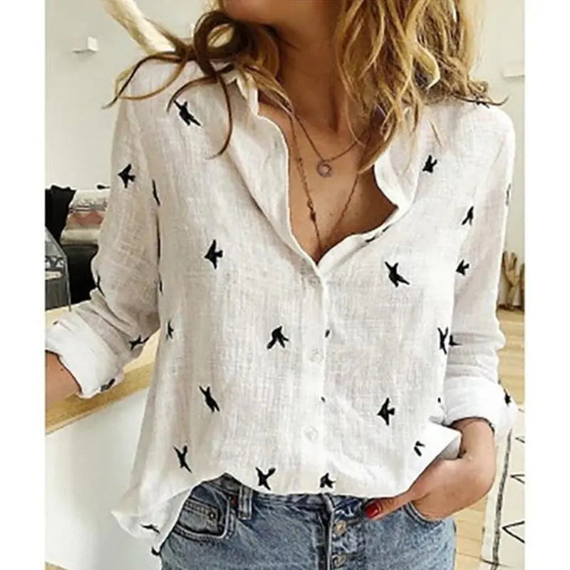 Jocoo Jolee Women Casual Birds Print Blouse Spring Summer Long Sleeve Cotton and Linen Loose Shirt Vintage Tops Tunic Oversized