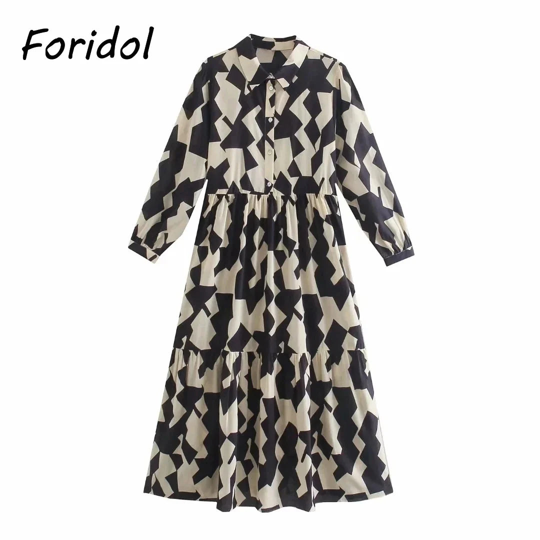 Foridol Geometric Print Black Shirt Dress Casual Elegant Autumn Winter Women's New Dress Vestidos Robe Femme Long Sleeve Dress