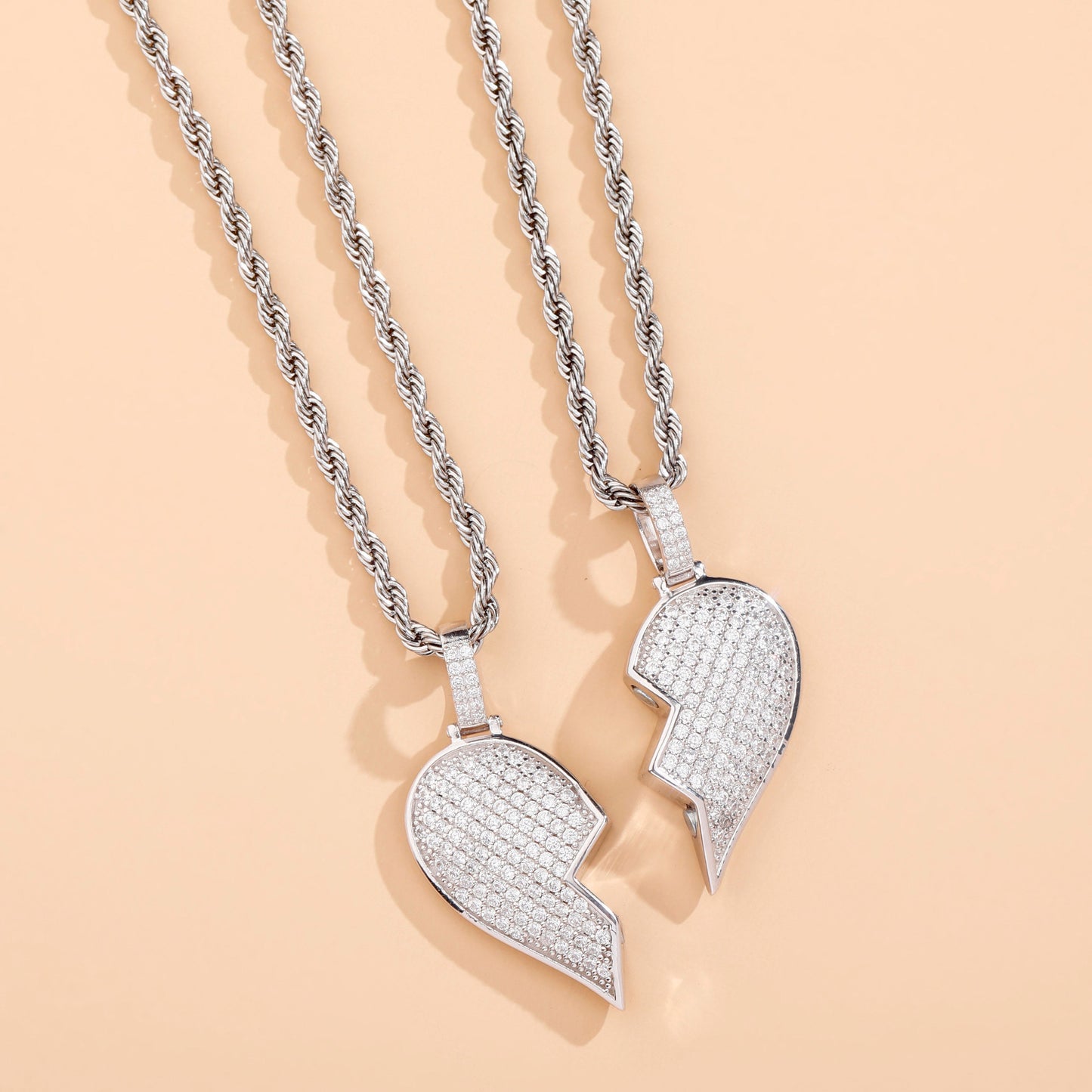 Solid Back Heart Broken With Magnet Iced Out Pendant Necklace Mens/Women CZ Chains Hip Hop Gold Silver Color Charms Jewelry Gift
