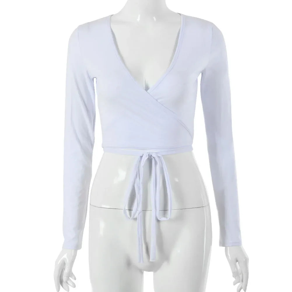 Fashion Women's Wrap Top Sexy Deep V Neck Knot Front Long Sleeve Basic Tee Strappy T shirt Tops Summer Casual Short Clothes