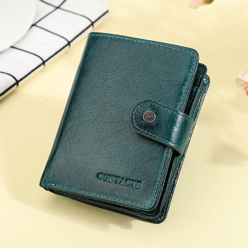 Contact's Genuine Leather Wallet Women Rifd Small Card Holder Wallets Ladies Blue Coin Purse Portfel Fashion Trifold Clutch Bag