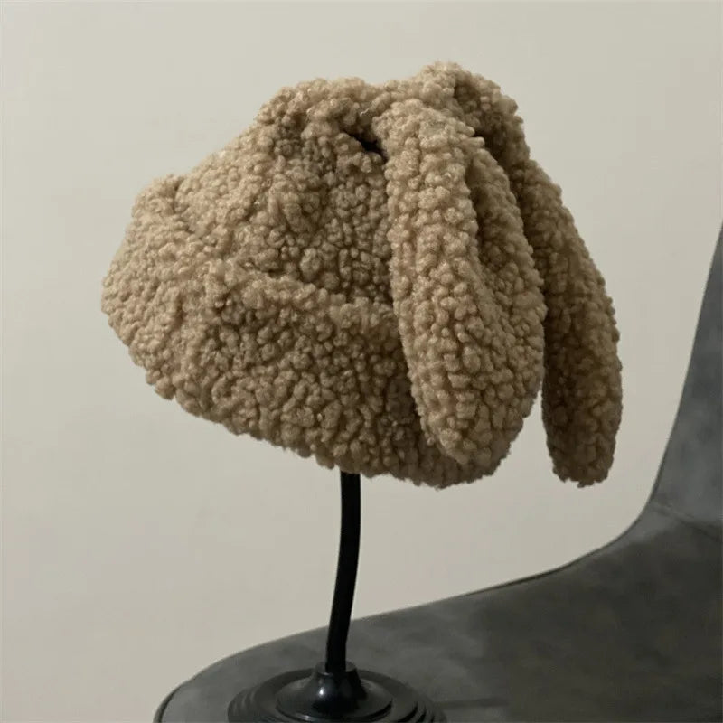 Draping Rabbit Ears Cashmere Hat Women Autumn and Winter Knitted Wool hat Winter Thicken Warm Korean Version of Japanese hat