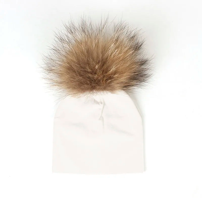 Geebro 0-3 Month Baby Boys Soft Cotton Real Fur pompom Beanies Hats For Newborn Girls Spring Autumn Kids Infants Toddler