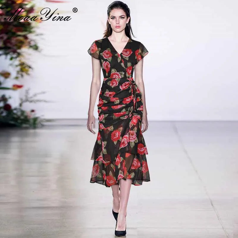 MoaaYina Fashion Designer dress Summer Women's Dress V Neck  Cascading Ruffle Ruched Rose Floral Print package hip Dresses