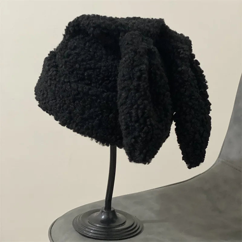 Draping Rabbit Ears Cashmere Hat Women Autumn and Winter Knitted Wool hat Winter Thicken Warm Korean Version of Japanese hat