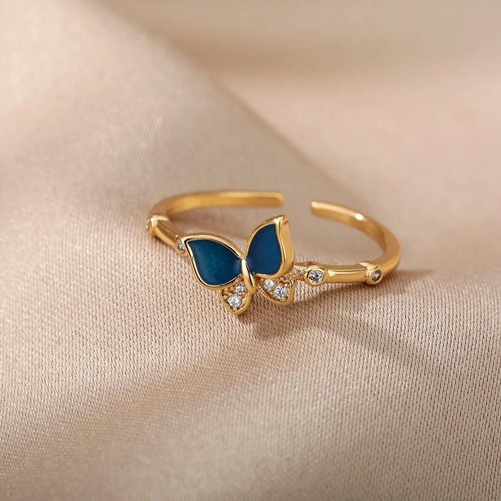 Butterfly Rings for Women Shiny Crystal Zirconia Bohemian Vintage Blue Enamel  Finger Ring Fashion Party Jewelry Gift Mujer