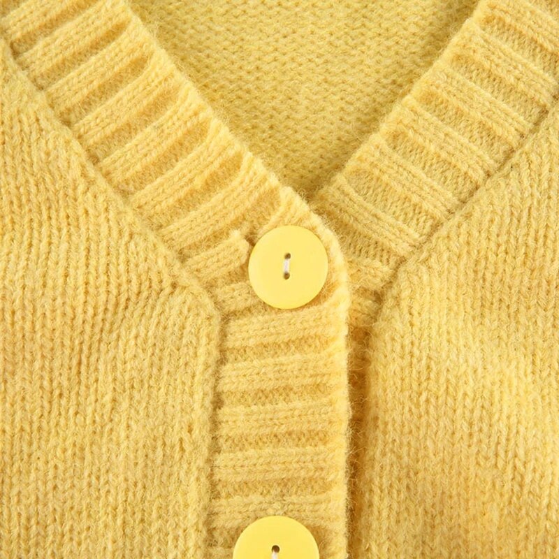 Yellow Sweat Cute Knitted Cropped Cardigan Women Autumn Warm Sweater Ladies Fashion Buttons Long Sleeve Top Knitwear